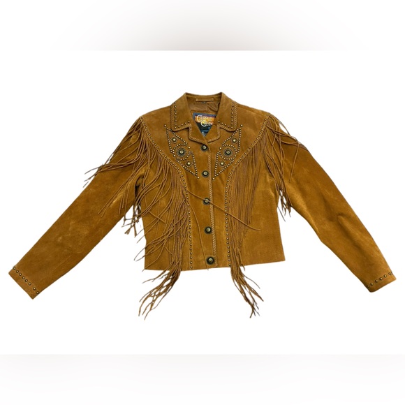 Vintage 90s Cripple Creek Suede Fringe Jacket Studded - Picture 2 of 7